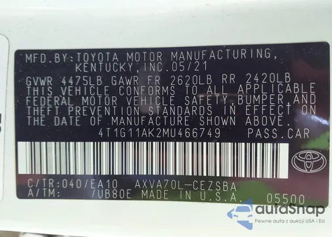 2021 Toyota Camry Se из США, поврежденный, VIN 4T1G11AK2MU466749